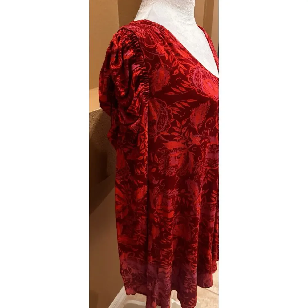 Free People Hello Lover Tunic Top Womens S Red Floral Long Sleeve Puff Shoulder